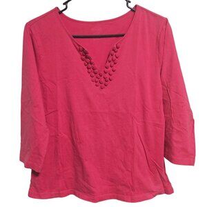 Talbots Pink Cotton Top Womens Size Large 3/4 Sleeve V Neck Rose Pom Poms